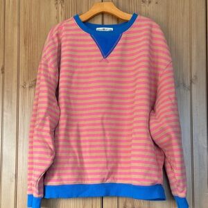 Natural Life Striped Pink and Tan Crew Sweatshirt with Blue Accents S/M EUC
